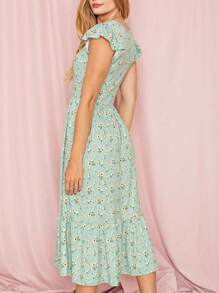Boho Retro Ditsy Floral Flutter Puff Sleeve Square Neck Tiered Ruffle Tea Midi Length Classic Bridgerton Dress - Sage - View 4