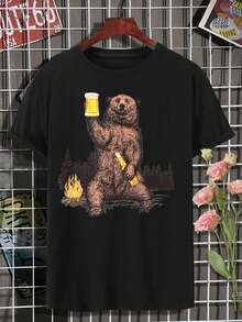 Lovers' Beer-Drinking Grizzly Bear Campfire T-Shirt - Funny Outdoor Woods Tee For Women (Birthday Christmas) - Black - View 2