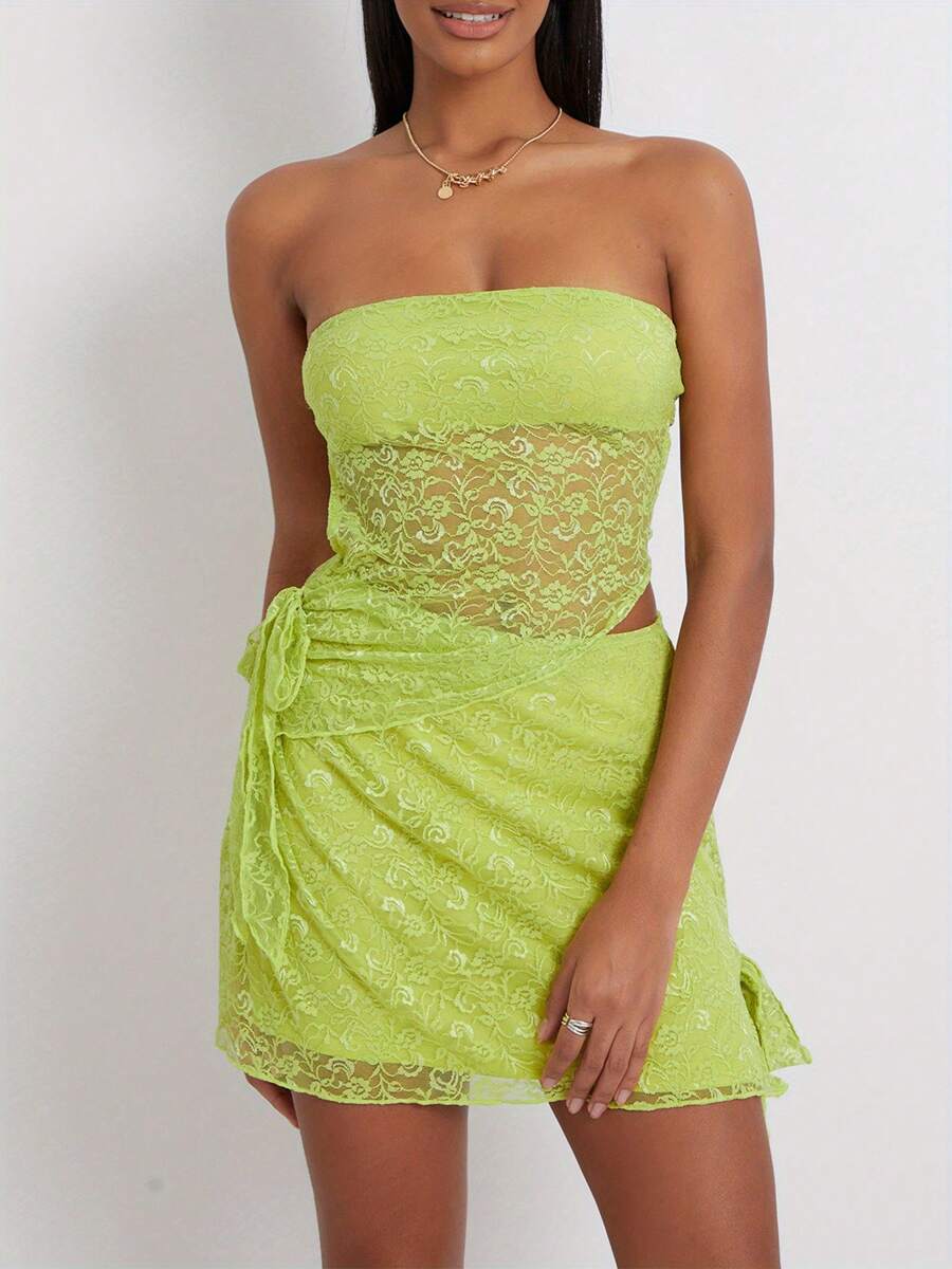 Womens 2 Piece Summer Outfits Sleeveless Off Shoulder Tube Tops Lace Floral Skirt Set - Green - View 1