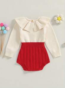 Suéter para niña recién nacida, mono de manga larga con cuello de muñeca de color en contraste, mono de otoño e invierno - Rojo - Ver 6