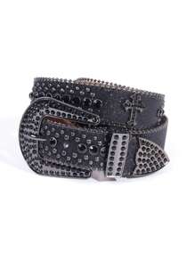 Rhinestone Embellished Cross Buckle Glittery Western Cowgirl Belt, Zinc Alloy Crystal Cross Studded Belt, Suitable For All Seasons Valentine's Day Valentines - A - Xem 17