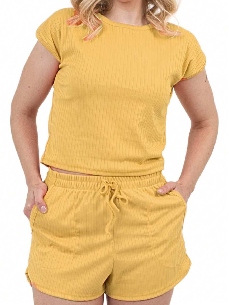 Ribbed Set With Pocket And Drawstring - 黃色 - 查看 1