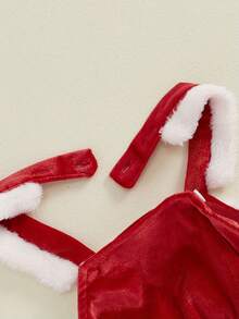 Vestido navideño para niñas pequeñas, de terciopelo, con ribete de rizo y lazo en la cintura, sin mangas, corte A, vestido camisola con sombrero - Rojo - Ver 3