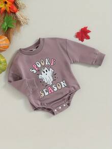 Newborn Halloween Outfit Girl Boy Spooky Season Romper Bubble Sweatshirt Bodysuit Fall Halloween Baby Clothes - Purple - View 3