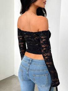Y2K Women Sexy Fitted Off Shoulder Long Sleeve Lace Blouse