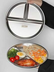 1pc/3pcs Portion Control Plate, 22.5cm Round Stainless Steel 3-Compartment Plate, Diet Meal Tray For Adults And Children