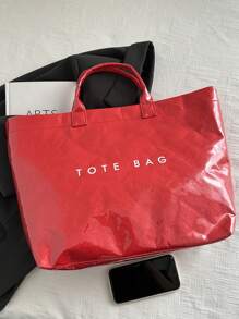 宽敞时尚透明果冻手提包PVC防水手提包购物袋，韩版男女通用设计大容量包包，复古休闲街头风格手提包，适合大学生，健身，旅行，妈妈 - 紅色 - 查看 5