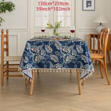 优雅的波西米亚海军蓝色花卉桌布，配有米色流苏，抽象花卉数码印花，可水洗，适合节日和日常用餐