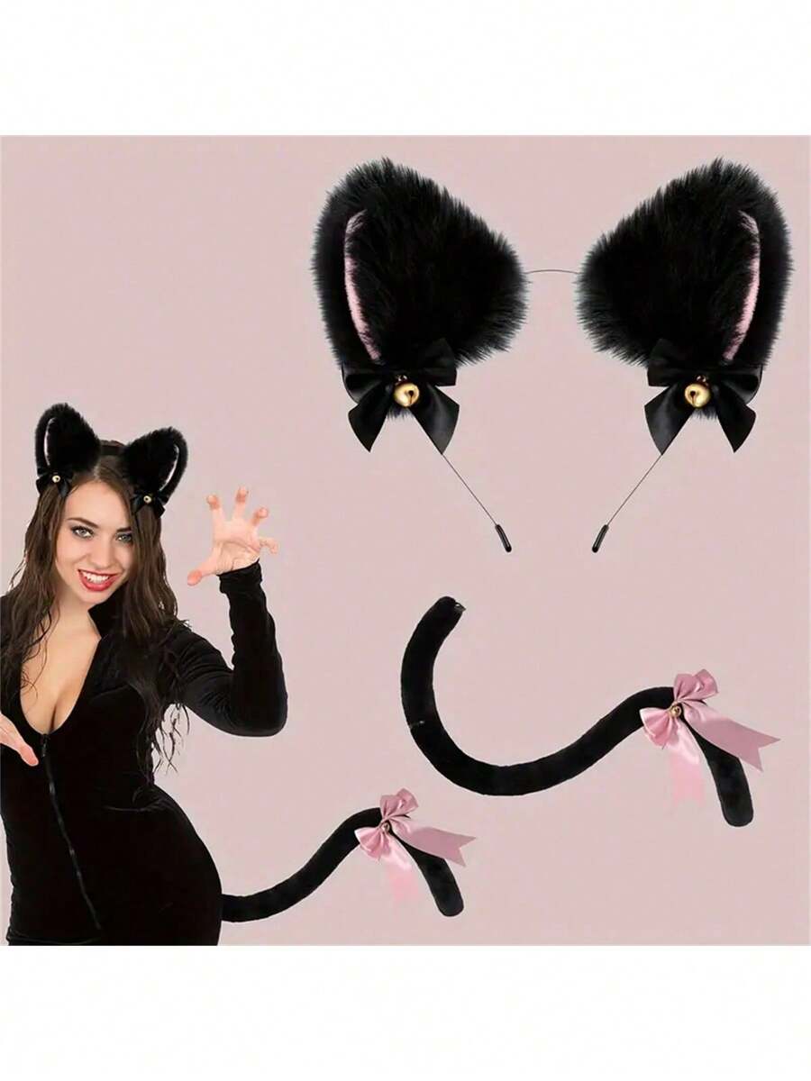 猫耳朵（蒸猫耳形面包）和尾巴套装，毛茸茸的猫耳朵（蒸猫耳形面包）头饰，角色扮演派对猫服装拍照道具配件，适用于圣诞节、万圣节、生日礼物、娱乐必需品、户外游戏、派对游戏 - 彩色 - 查看 1