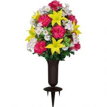Beauty Pink Peonies, Yellow Lilies, & White Daisies Bouquet With Cemetery Vase With Spikes Artificial Flowers For Cemeteries