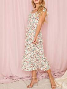 Boho Retro Ditsy Floral Flutter Puff Sleeve Square Neck Tiered Ruffle Tea Midi Length Classic Bridgerton Dress - Yellow - View 2