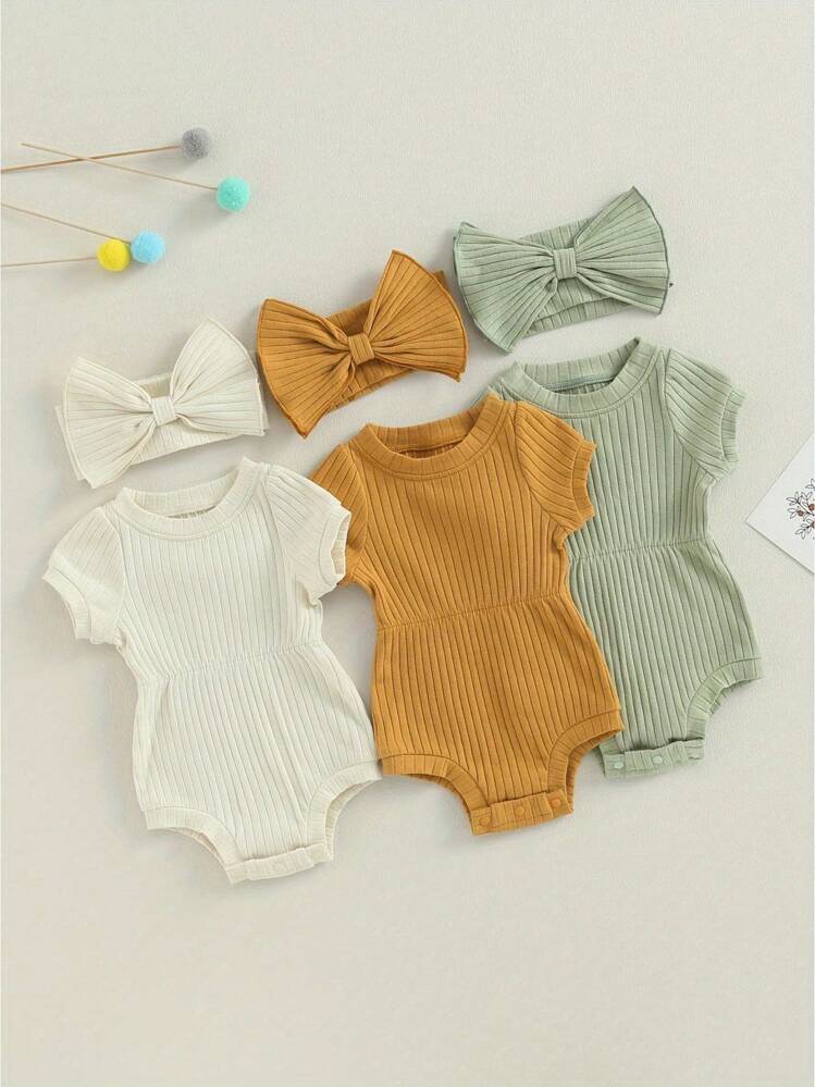 0-18M Baby Girl 2 Piece Outfits Solid Color Short Sleeve Romper With Bow Headband Set Summer Clothes - Brown - View 1