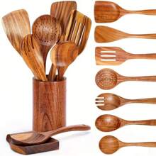 Utensilios de cocina de madera de alta gama, espátulas y cucharas resistentes al calor, adecuados para sartenes antiadherentes y cucharas y tenedores para ensalada