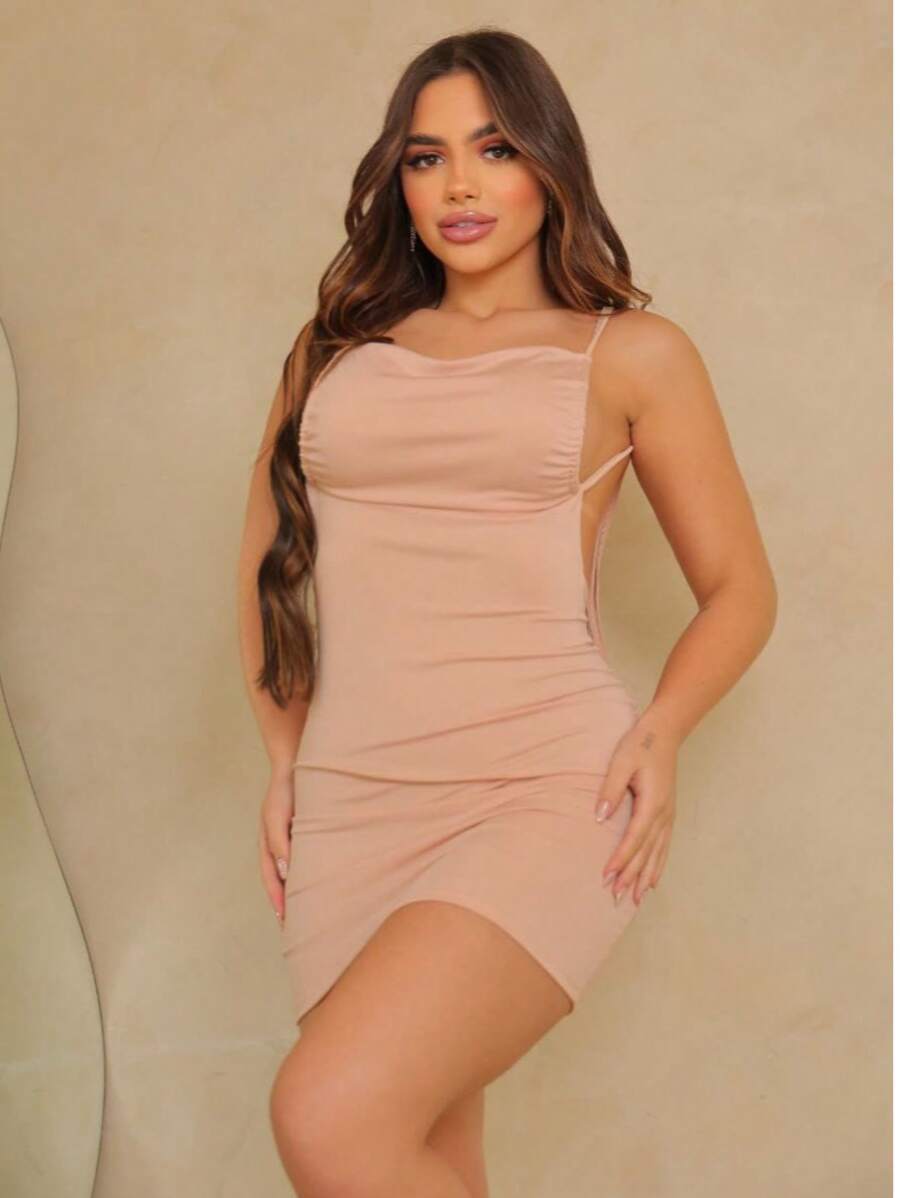 Short Gringa Dress, Tie On The Shoulder, Cord, Bare Back, All Tie On The Shoulder, Without Bra, Bare Back, Lifts Bum Bum - 米色 - 查看 1