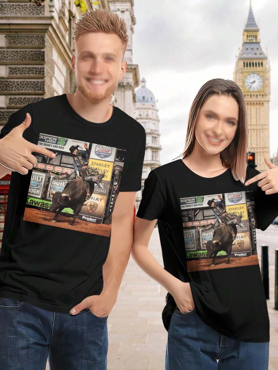 Lovers Bull Rider T-Shirts Rodeo Western T-Shirt For Women - Black - View 1