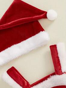 Vestido navideño para niñas pequeñas, de terciopelo, con ribete de rizo y lazo en la cintura, sin mangas, corte A, vestido camisola con sombrero - Rojo - Ver 4