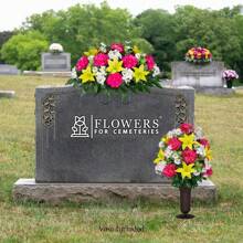 Beauty Pink Peonies, Yellow Lilies, & White Daisies Bouquet With Cemetery Vase With Spikes Artificial Flowers For Cemeteries