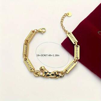 18k Gold Plated Stainless Steel Leopard Print Rhinestone Bracelet, Unisex Jewelry Gift