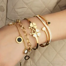Juego de pulsera de 3 en 1 de acero inoxidable con elegante flor de cuatro hojas, pulsera con colgante de corazón con circonita brillante de estilo romano, adecuado para uso diario, banquetes, bodas y como regalo, para todas las estaciones