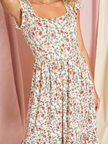 Boho Retro Ditsy Floral Flutter Puff Sleeve Square Neck Tiered Ruffle Tea Midi Length Classic Bridgerton Dress - Yellow - View 1