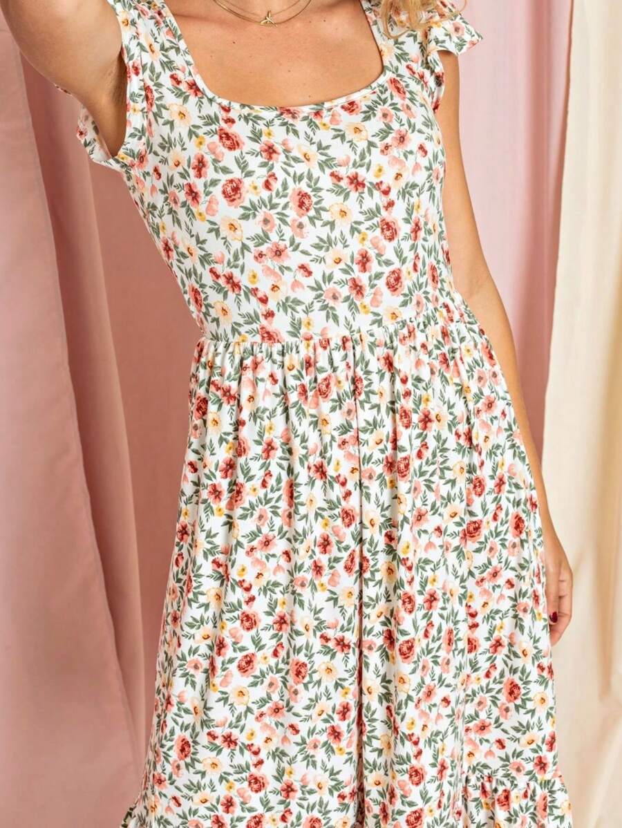 Boho Retro Ditsy Floral Flutter Puff Sleeve Square Neck Tiered Ruffle Tea Midi Length Classic Bridgerton Dress - Yellow - View 1