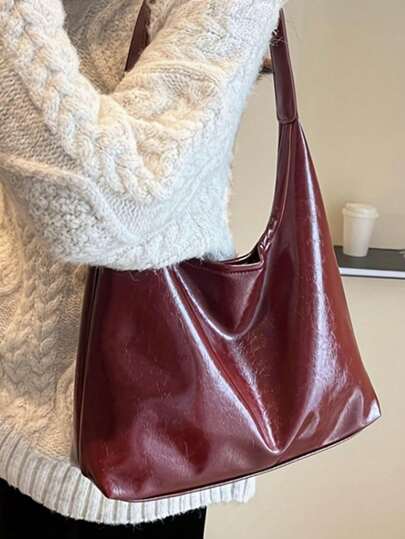 빈티지 솔리드 컬러 토트 백, 부드러운 PU 가죽 숄더 백, 여성용 통근 쇼핑 핸드백, 새로운 패션 대용량 여성 가방