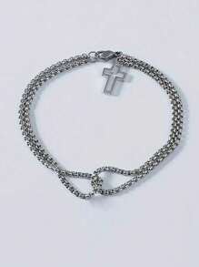 1 件钛钢空心十字双链手链，男士个性化多层手链，适合日常、旅行、度假佩戴 - 銀色 - 查看 3