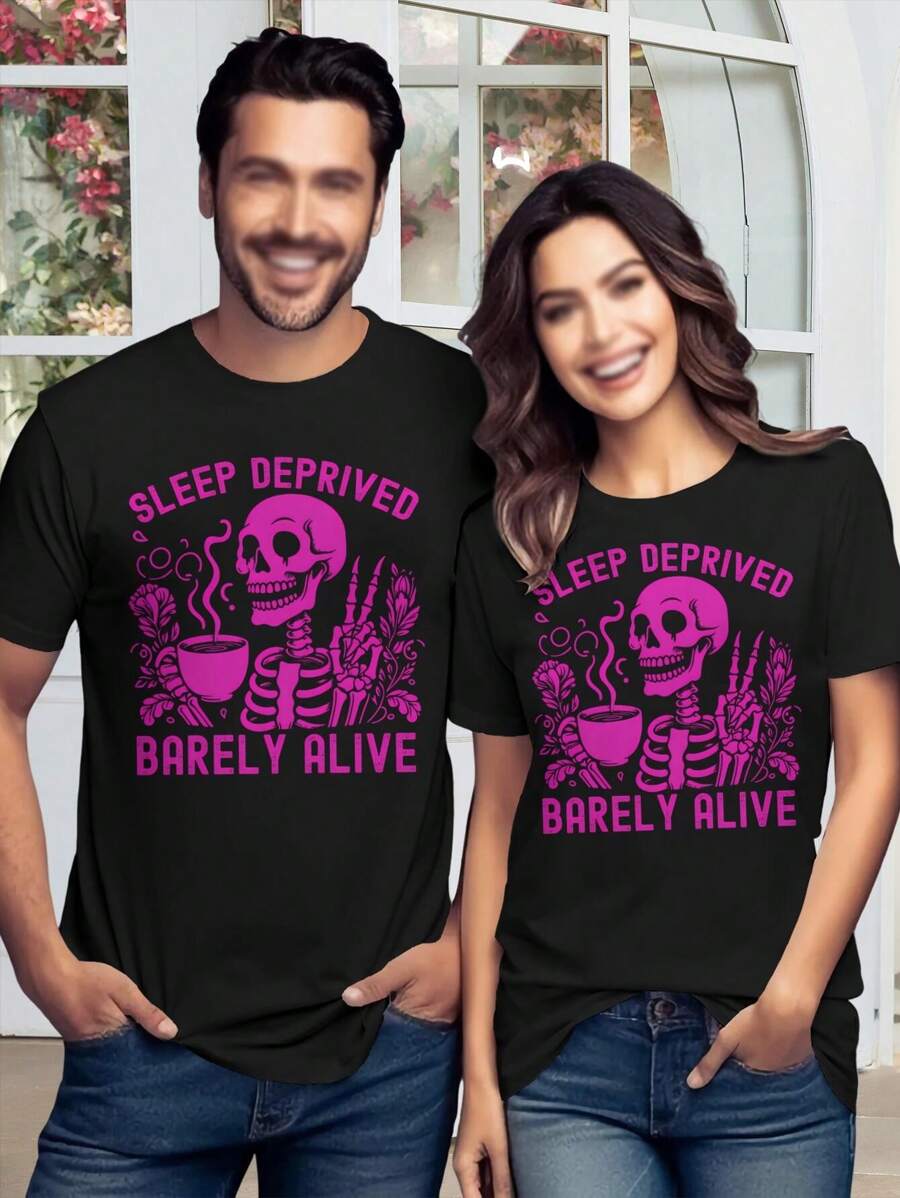 Valentine's Day Halloween Spooky Skeleton T-Shirt Sleep Deprived Barely Alive (Back Print) - Black Cat Full Moon Funny - màu đen - Xem 1