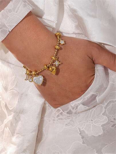 TONSI 1 件多功能多吊坠新款时尚小众防褪色珠宝，18K 镀金不锈钢八角星、心形、新月 DIY 女式手链