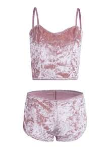 Women Sexy 2PCS Lingerie Set, Slim Solid Color Sling Crop Top, Short Elastic Band Pants, Summer Sleepwear Set - Bright Pink - View 3