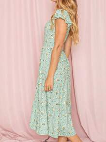 Boho Retro Ditsy Floral Flutter Puff Sleeve Square Neck Tiered Ruffle Tea Midi Length Classic Bridgerton Dress - Sage - View 3
