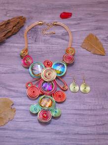 Exaggerated Multi-Layer Handmade Beaded Necklace And Earrings Set, Bohemian Vintage Style For Party, Holiday, Suitable For Women - Multicolor - View 6