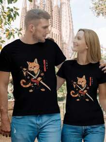 Orange Cat Samurai Warrior With Katana Lovers' T-Shirt (Ginger Cat Japan Kimono Kitty Sword)