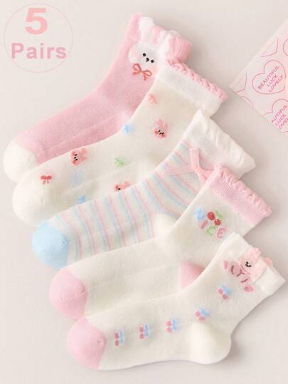 5 paires de chaussettes mi-mollet en maille rose pour enfants avec design de lapin en dentelle, chaussettes respirantes pour filles, printemps/été