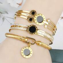 3-In-1 Set: Rhinestones Embedded Double LOVE Stainless Steel Bracelet, & Fashionable, With Romane Braided Steel Wire Bracelet Accessory, Great Gift