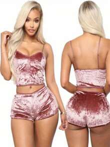 Women Sexy 2PCS Lingerie Set, Slim Solid Color Sling Crop Top, Short Elastic Band Pants, Summer Sleepwear Set - Bright Pink - View 6