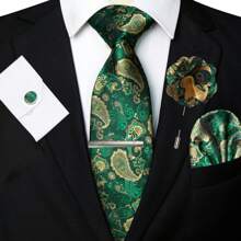 1 Set/2 Sets/3 Sets/4 Sets/5 Sets Men's Paisley Patterned Necktie, Tree Of Life Patterned Silk Satin Tie, Silver Tie Clip, Pocket Square, Cufflinks And Lapel Pin Assorted Set, Suitable As Gifts For Men, Perfect For Father's Day, Anniversary, Birthday Etc. The Classic Paisley Pattern Complements Tuxedo & Suit Perfectly, Making You Stand Out In Any Occasion Such As Ball, Wedding, Banquet, Ceremony, Formal Meeting, Casual Party, And Important Moments.