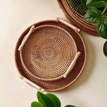 1 件日式手工编织藤条圆形托盘、零食水果盘、储物篮 - 摩卡棕 - 查看 1