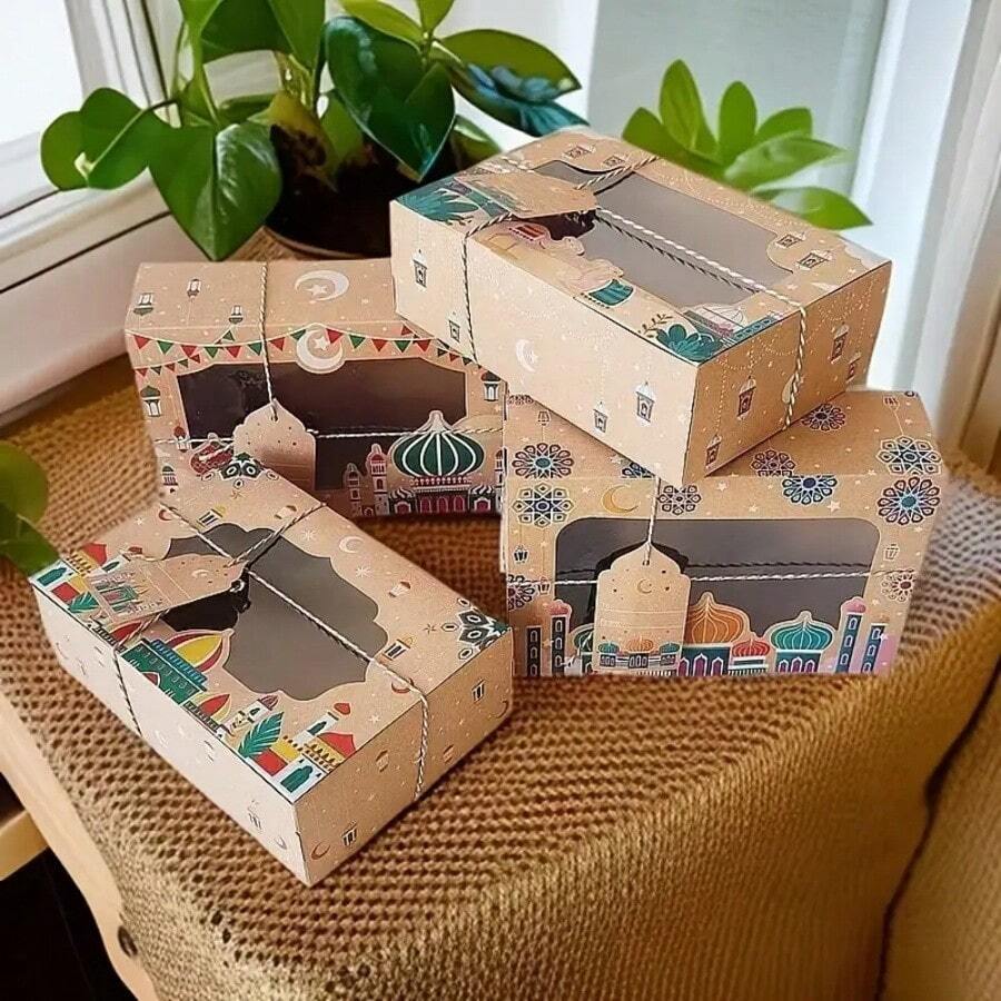 12 piezas Cajas de regalo de papel artesanal con diseño islámico y ventana, embalaje de caramelos Ramadán Mubarak, temática de alpaca, adecuado para bodas, cumpleaños, fiestas, varios componentes incluidos - Amarillo - Ver 1