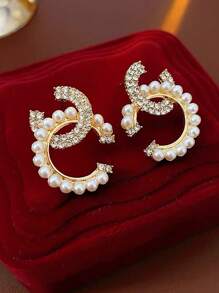 1 Pair Exquisite Luxurious Geometric Pattern Faux Pearl Earrings, Suitable For Women For Any Occasion - Gold - View 5