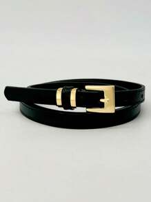 Women's Genuine Leather Belt With Gold Square Buckle - Black - View 1