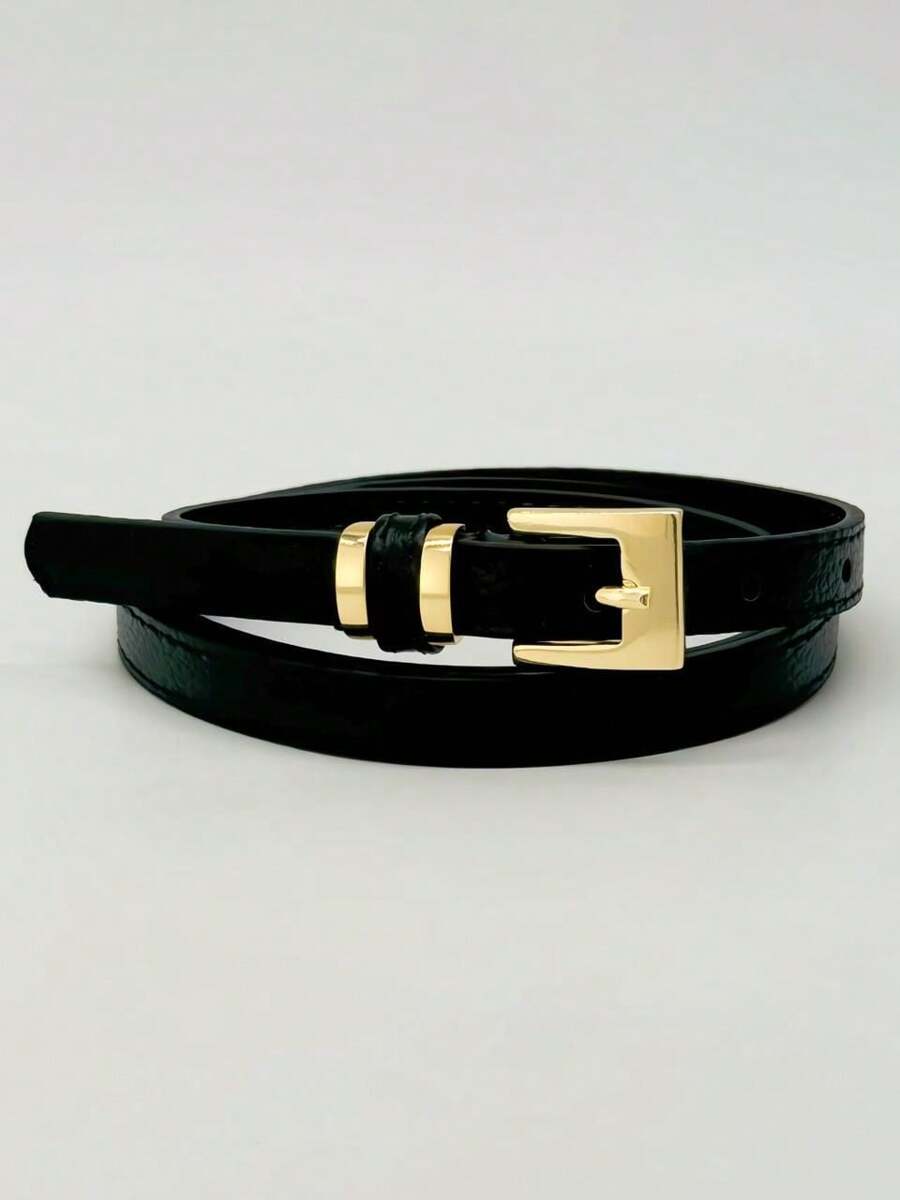 Women's Genuine Leather Belt With Gold Square Buckle - Black - View 1