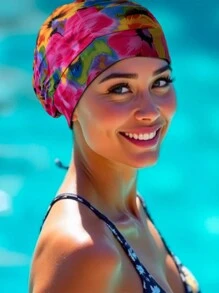 Gorro de natación de tela suave con estampado floral vívido, alta elasticidad sin presión, ilumina el tono de la piel, esenciales de playa, accesorios de playa, flotador de piscina