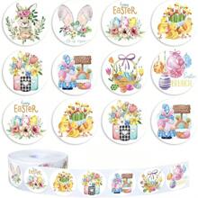 500 Pegatinas/Pegatinas de dibujos de Pascua, etiquetas redondas de papel con conejitos y polluelos felices, Fiesta de Pascua y Primavera - Multicolor - Ver 1