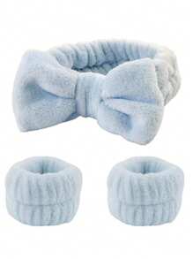 SHEIN X Milania 3Pcs/Set Spa Facial Headbands, 1pc Solid Color Bath Headband & 2pcs Bath Wrist Band, Creative Polyester Facial Makeup Headband & Wrist Wash Band Set For Bathroom