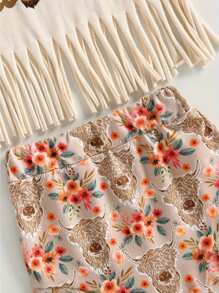 Kids Girls Pants Suit, Casual Street Party Short Sleeves Shirt + Floral Short Pants + Headband