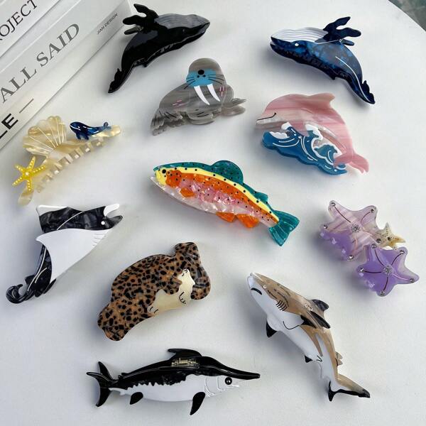 Acetate Resin Marine Animal Hair Clips Set, Starfish, Seashell, Hair Claws Barrettes, Novelty Cute Ocean Series Sea Lion, Seal, Hair Accessories, Versatile For Women,Claw Clips,Hair Jaw Clip,Hair Clutch