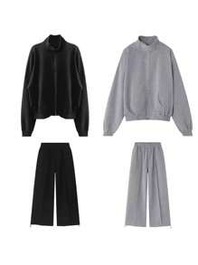 2025 Men's Loose Fit Shoulder Padded Stand Collar Sweatshirt Two-Piece Set