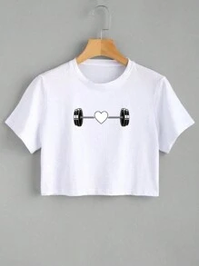 Women's White Crop Top Gym Weight Heart - 白色 - 查看 2