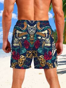 Pantalones cortos con cordón de hombre con patrón de calavera de esqueleto y serpiente, bolsillos novedosos y elegantes para uso casual de verano